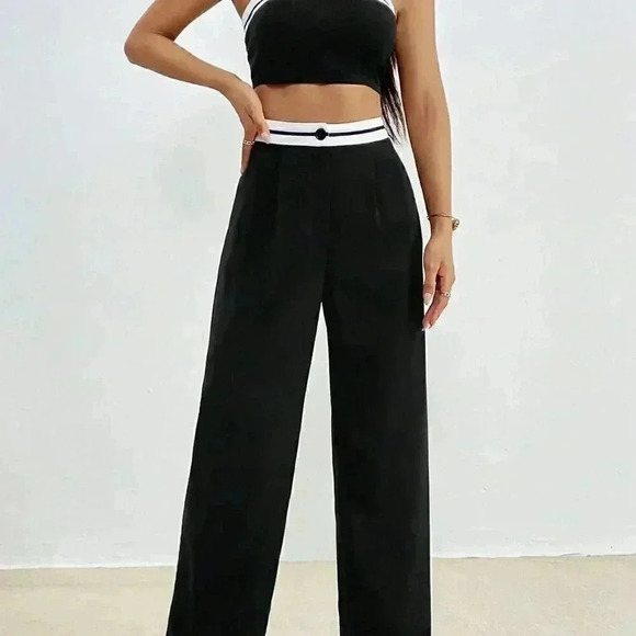 Black Casual Womens Color Block Strapless Top And Straight Leg Pants Set - Picture 4 of 5